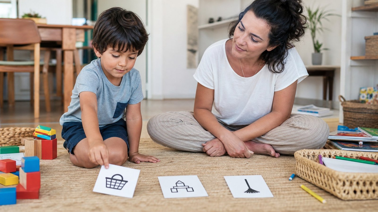 Criança escolhe um cartão visual durante brincadeira acompanhada por uma responsável