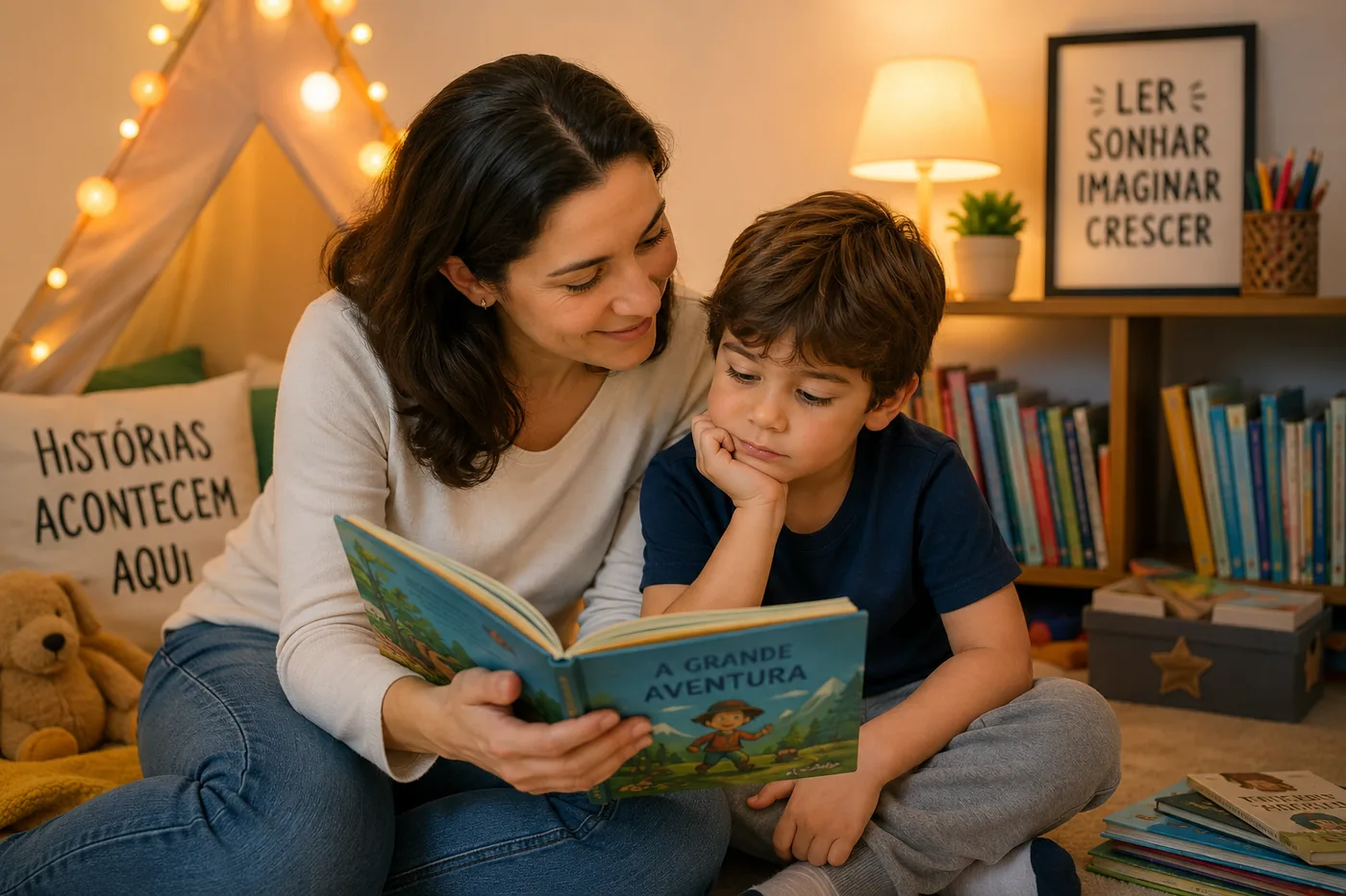 Responsável e criança compartilhando um livro em um cantinho de leitura acolhedor